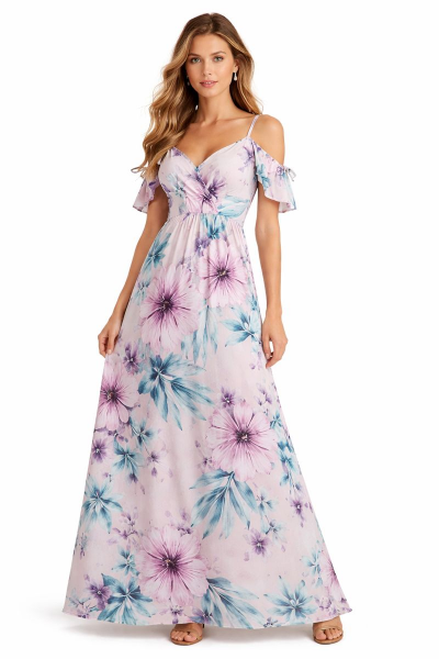 صورة فستان  زهري فاتح بزهور تركواز (مارسينو)