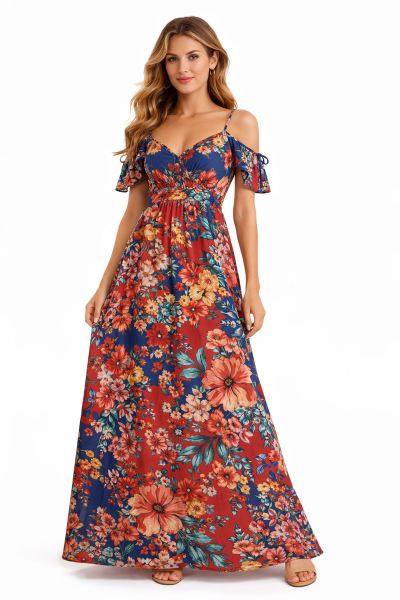 صورة فستان  أحمر مزهر ستايل صيفي (مارسينو)