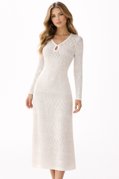 صورة فستان فستان تريكو مفرغ أبيض طويل. ( مارسينو)