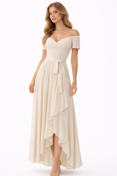 صورة فستان  فستان أبيض بليسيه برباط خصر (مارسينو)