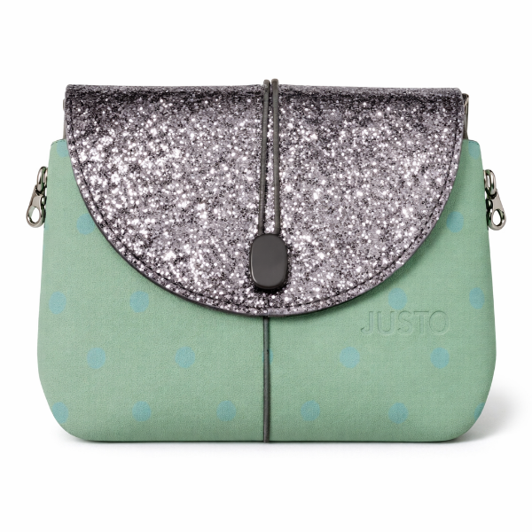 صورة شنطه يد نسائي JUSTO اللون اخضر منقط* فضي