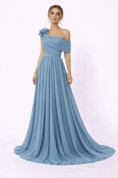 صورة فستان مارسينو  فستان شيفون بكتف واحد مزين بوردة بارزة.