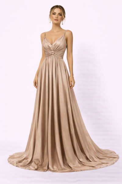 صورة فستان سهرة ذهبي بلمعة ميتاليك وتصميم صدر (مارسينو)