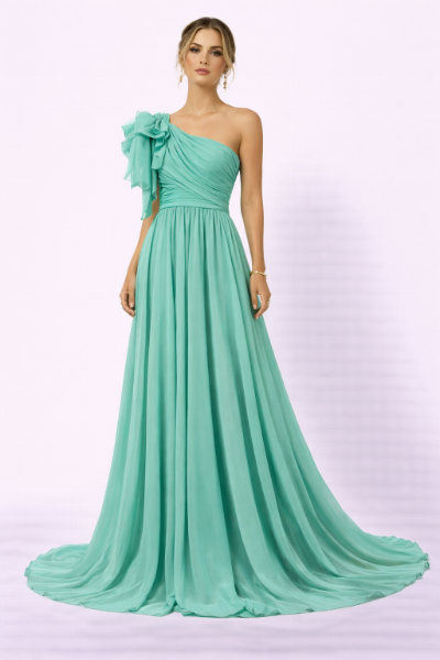 صورة فستان أخضر بكتف واحد ووردة.(مارسينو)