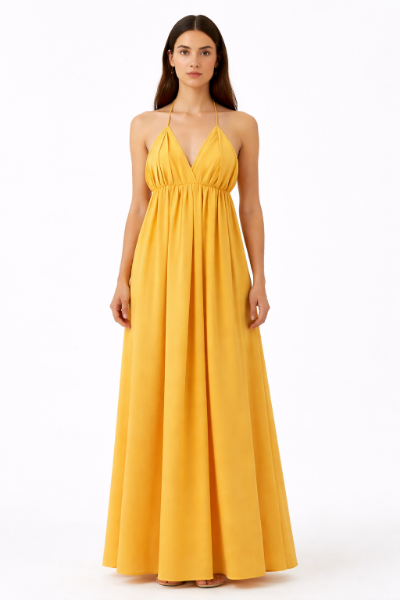 صورة فستان مارسينو أصفر خردلي أنيق شيفون ناعم