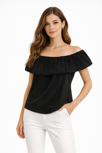 صورة بلوزة سوداء "أوف شولدر" بكشكشة عريضة( هانيتا )
