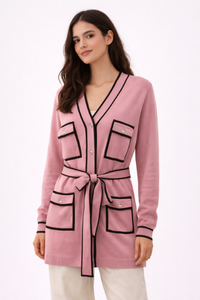 صورة كارديجان وردي طويل بحزام أنيق(Hanita)
